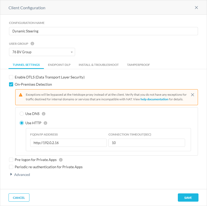 The Client Configuration window for Devices.