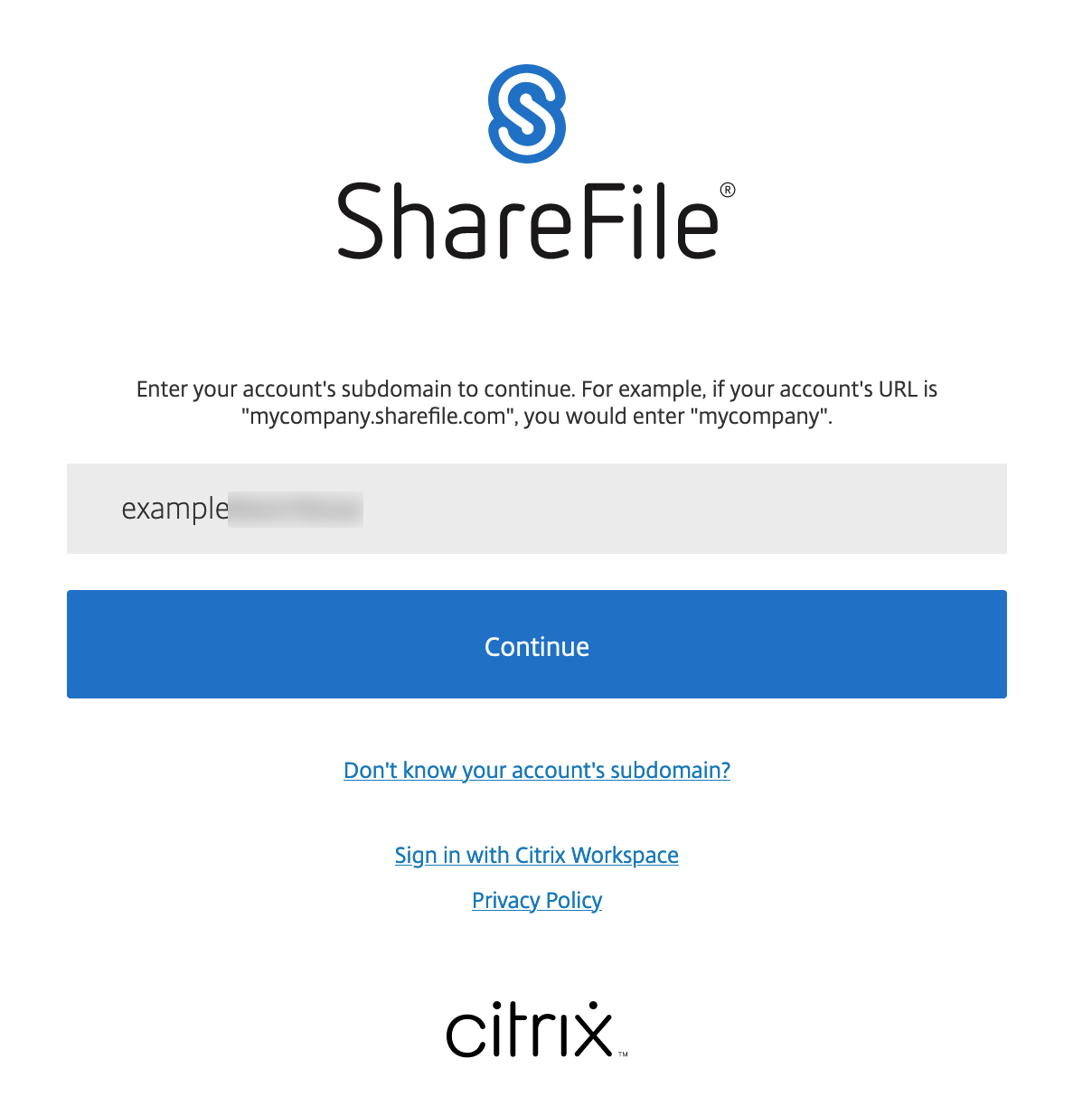 Citrix ShareFile Subdomain Window