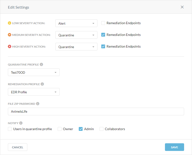 The configured Edit Settings window for API-enabled Protection.