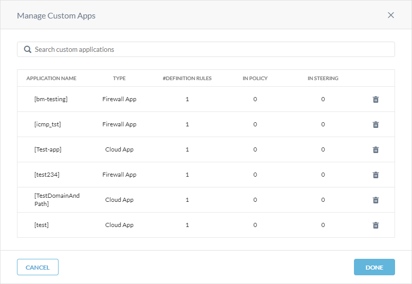 The Manage Custom Apps window for Cloud & Firewall Apps.
