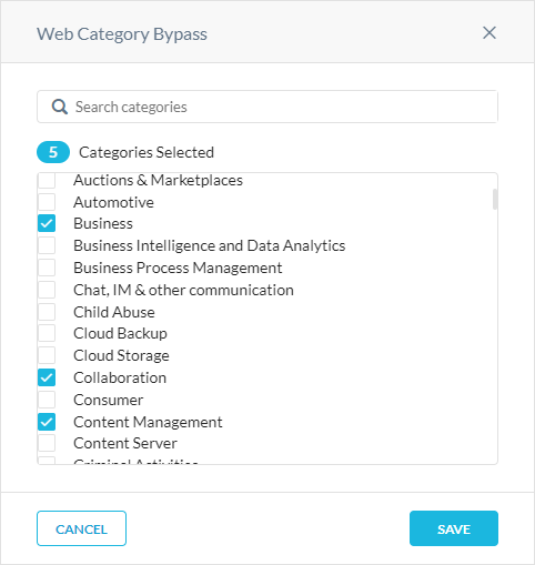 The Web Category Bypass window in the Authentication Bypass Settings.