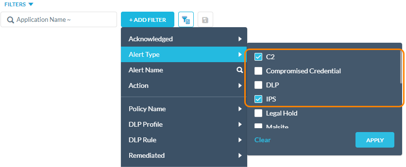 The C2 and IPS filters on the Skope IT Alerts page.