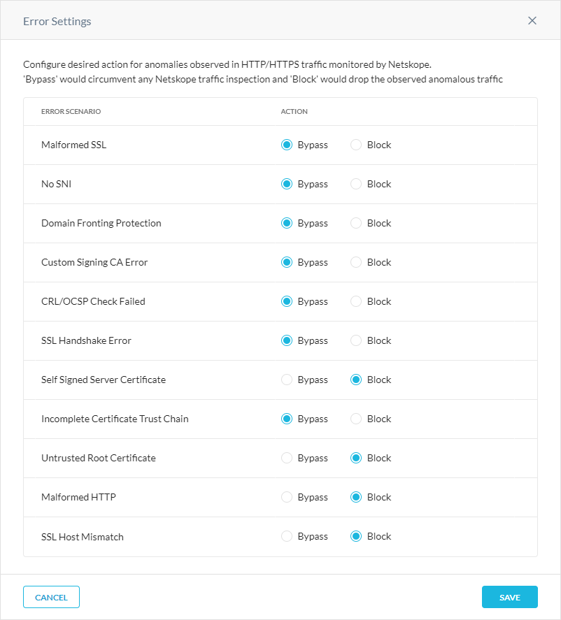 The Error Settings window on the Steering Configuration page.