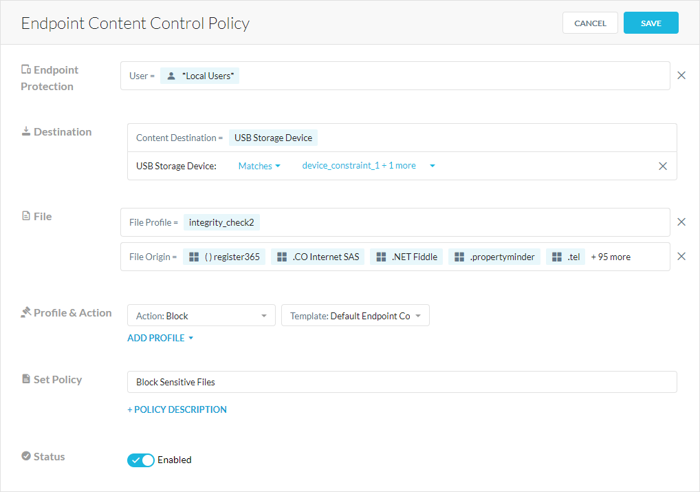 The configured Endpoint Content Control Policy page.