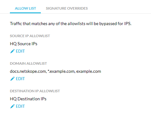 The Allow List tab on the IPS Settings page.