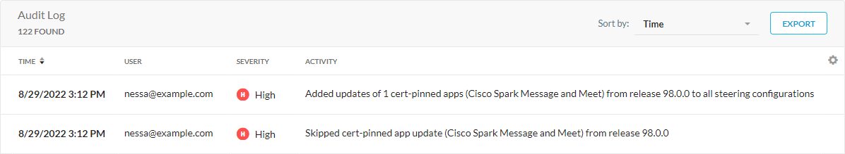 The certificate pinned app activity recorded in Audit Log.