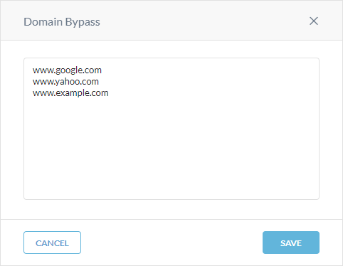 The Domain Bypass window in the Authentication Bypass Settings.