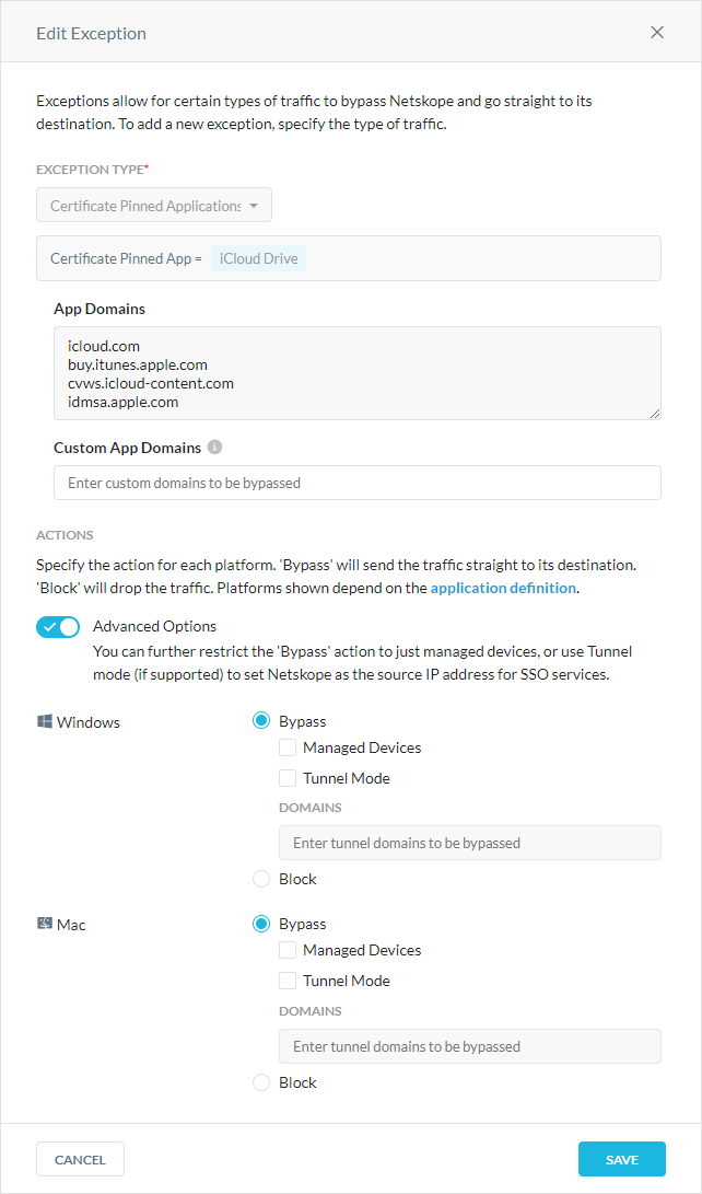 The Edit Exception window for Certificate Pinned Applications in Steering Configuration.