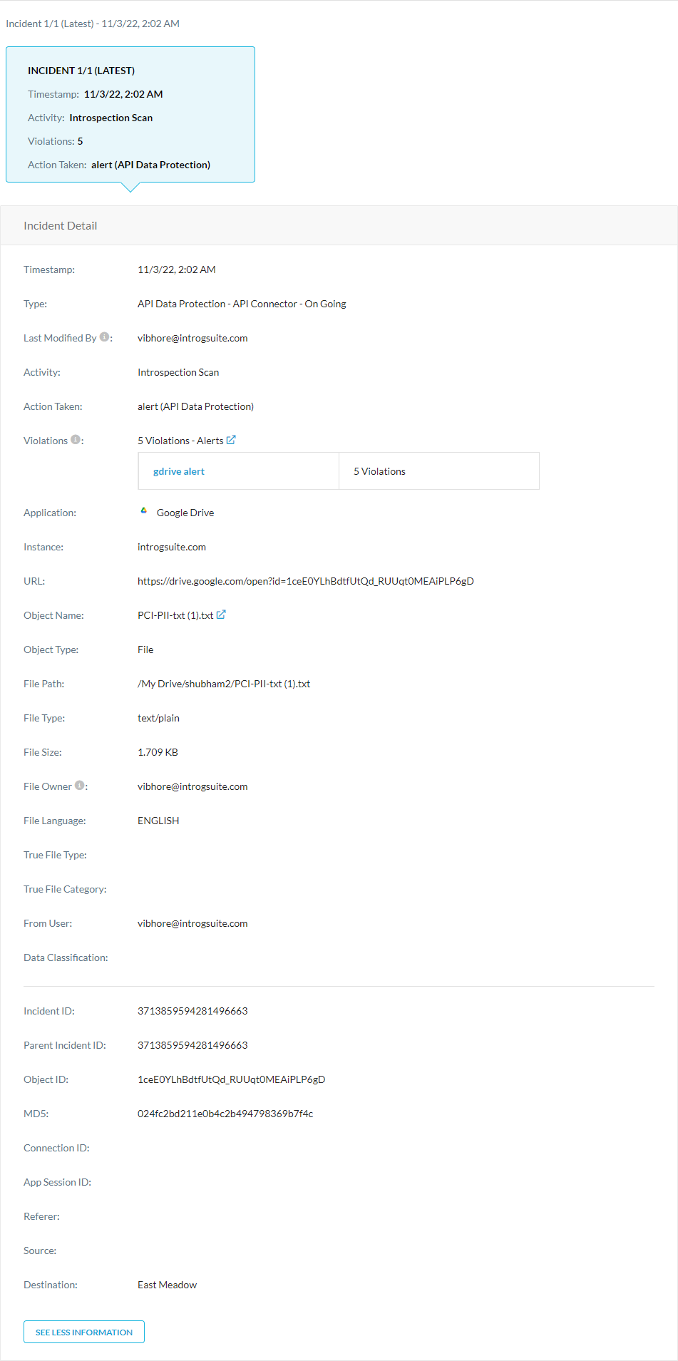 The Incident Details section on the Object Details page.