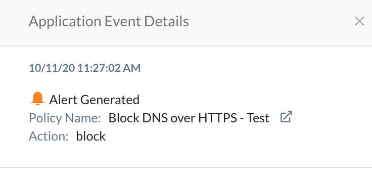 The blocked DNS over HTTPS event details in Application Events.