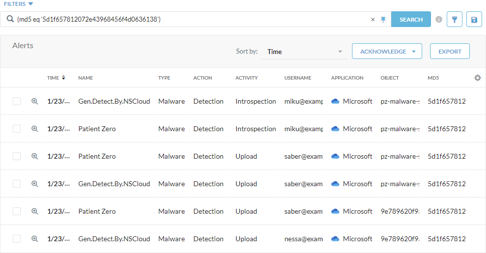 The malware detection alerts filtered by MD5 on the Skope IT Alerts page.