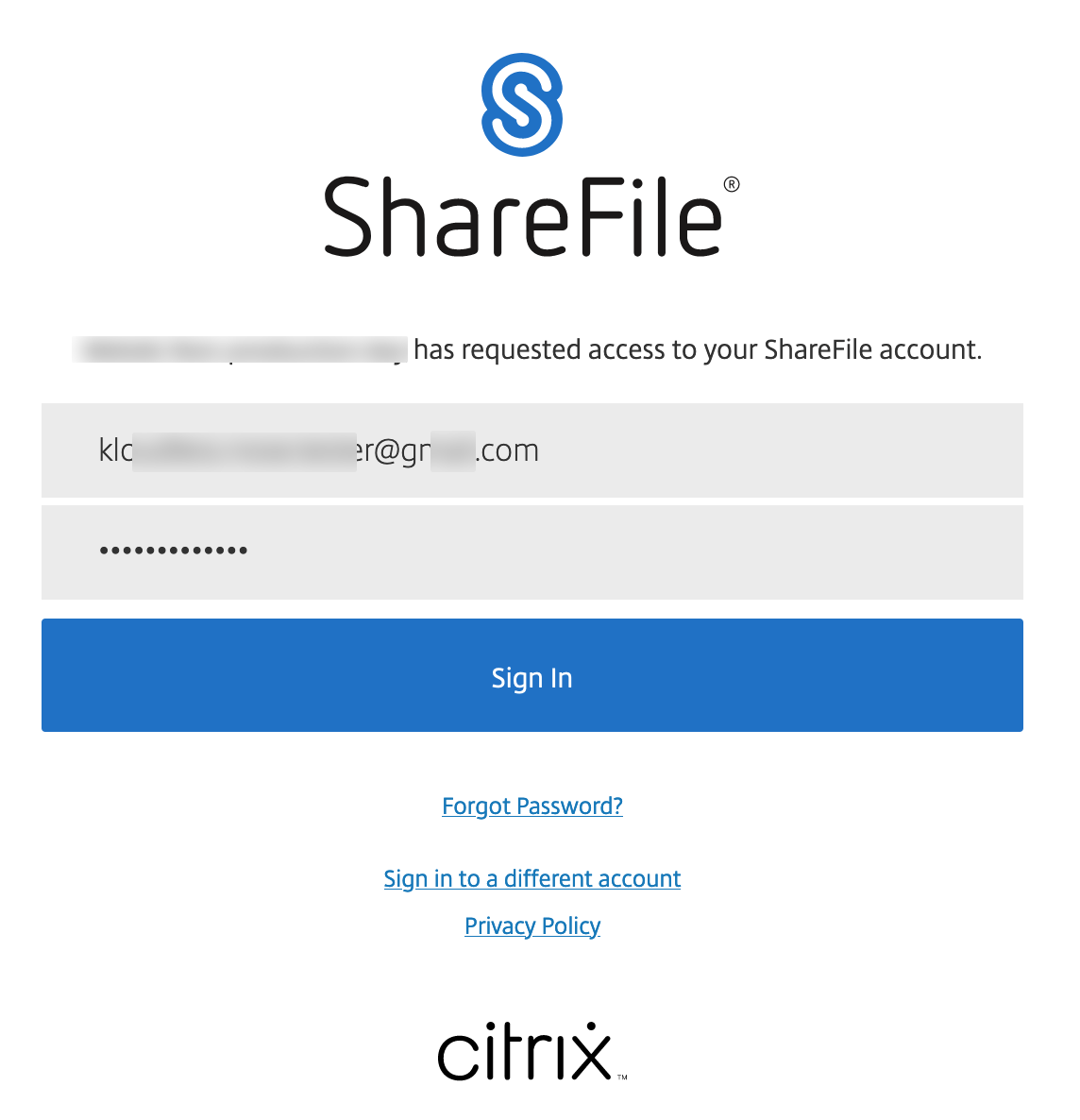 Citrix ShareFile Email and Password Window