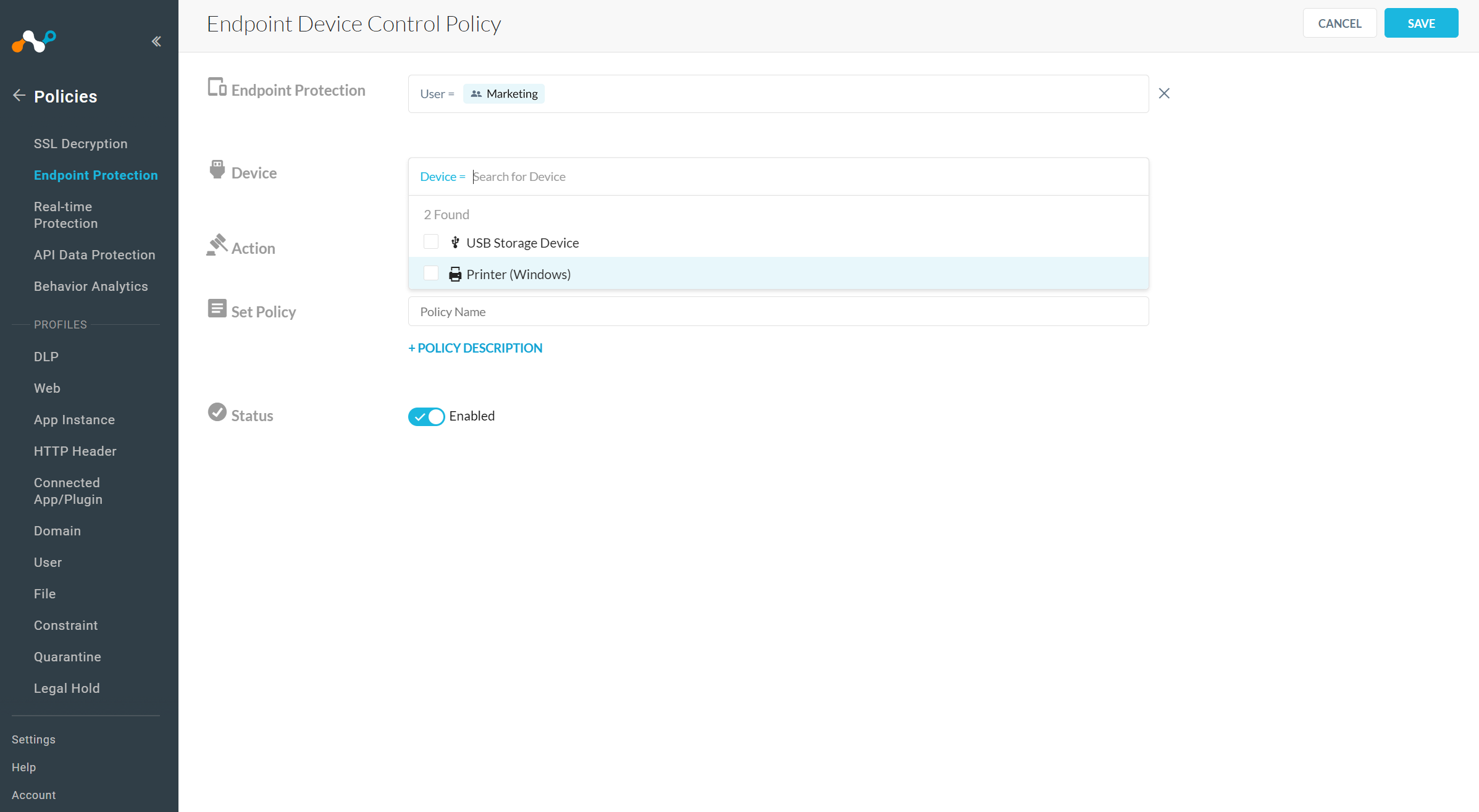 The configured Endpoint Device Control Policy page. R105