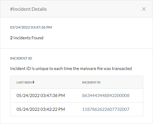 The #Incident Details window on the Malware Details page.