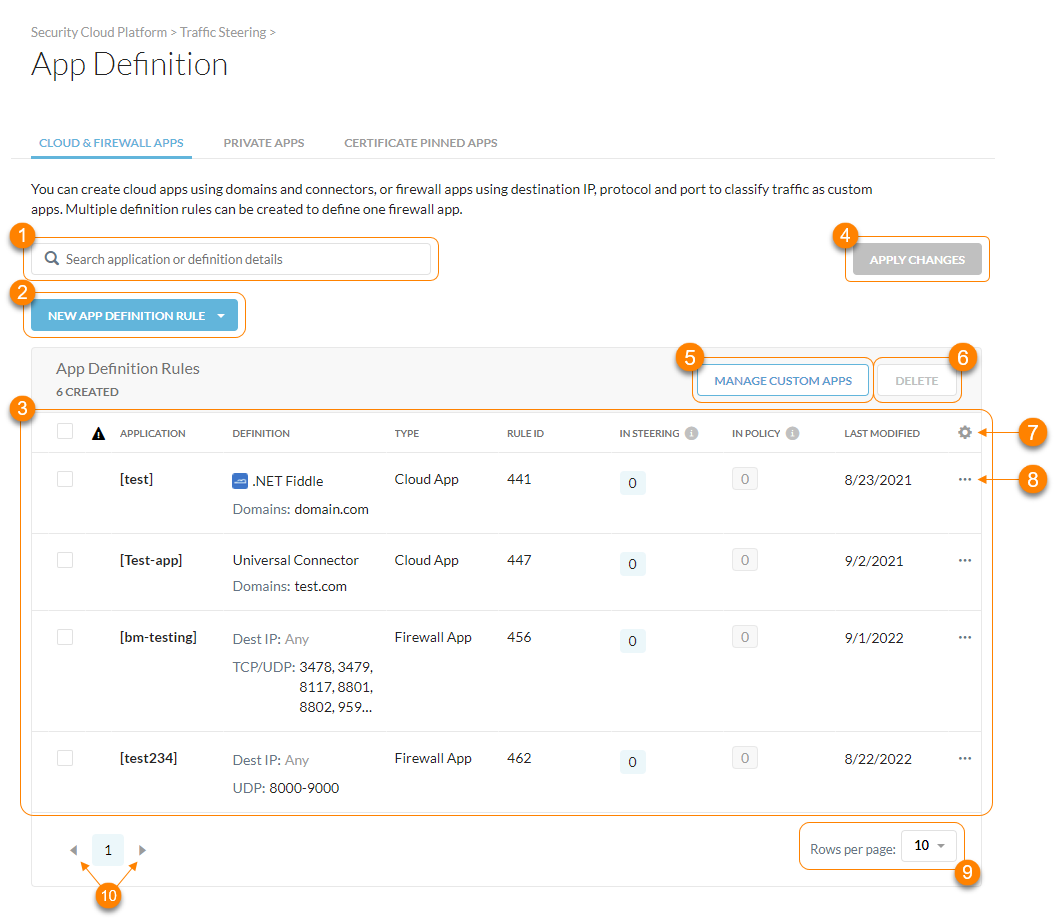 The Cloud & Firewall Apps tab on the App Definitions page.